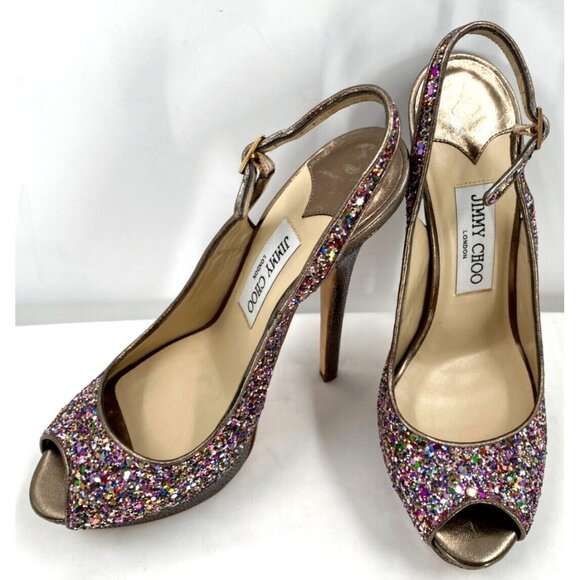 Jimmy Choo CLUE Glitter Gold Slingback Platform Open Toe Sandals Shoes Sz 38.5 - Picture 2 of 16